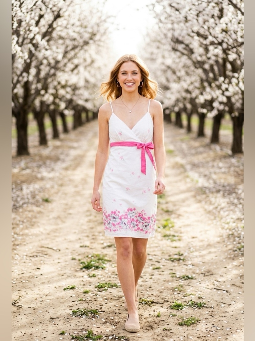 Mariposa White Slip Dress with Pink Floral Hem and Pink Waist Tie Y2K